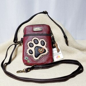 NWT Chala Paw Print Cross Body Purse Burgundy with 2 Detachable Straps